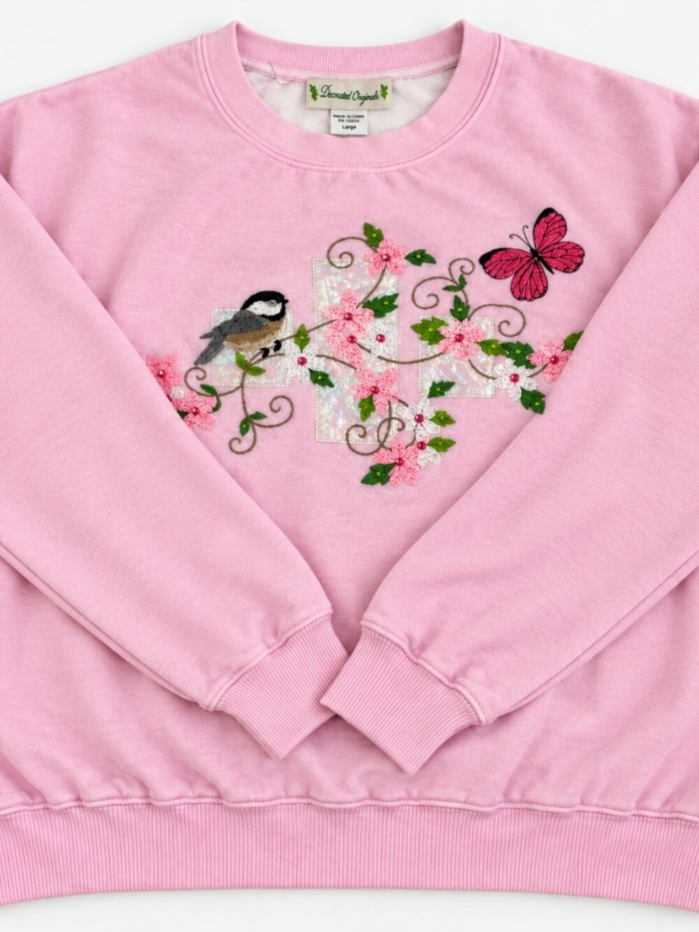 Decorated Originals Grannycore Pink Bird Floral Embroidered Sweatshirt L